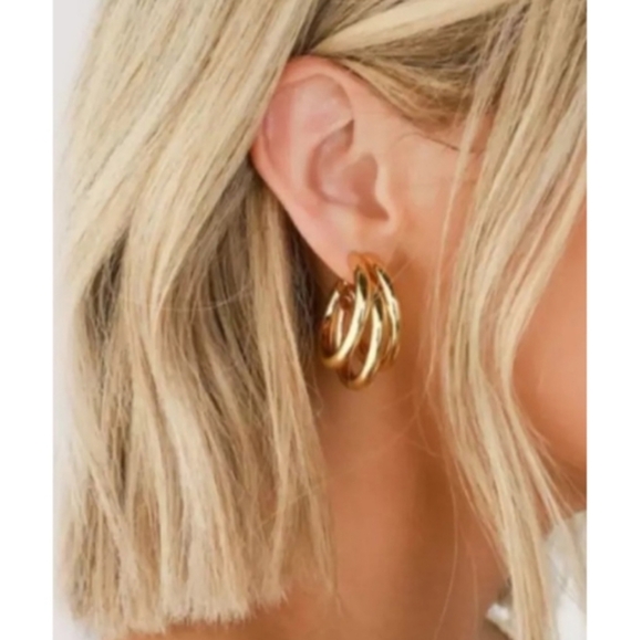 Anthropologie Classy Triple Layer Half Hoop Gold Stud Earrings